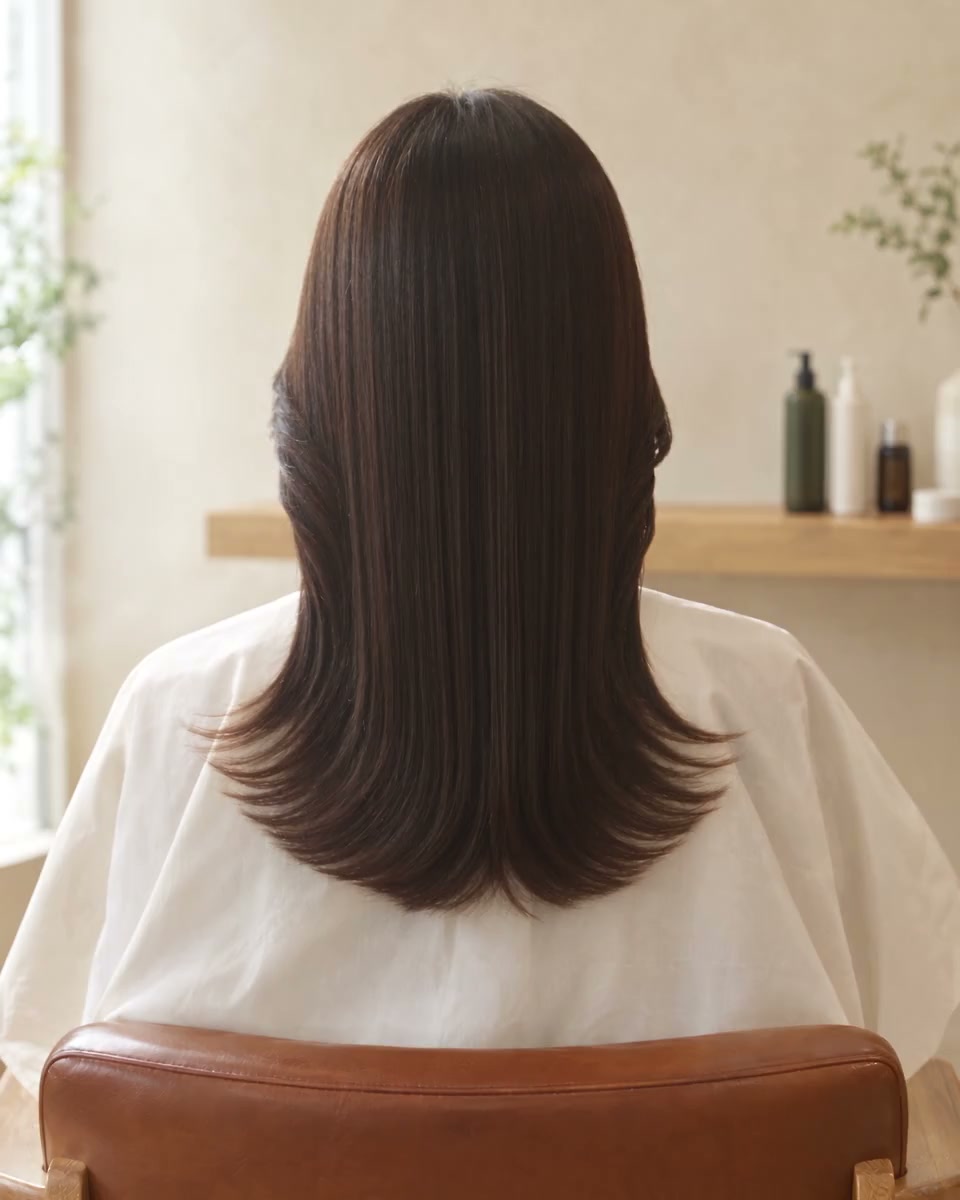 後ろ姿で見せる、自然な艶とまとまりのある髪。