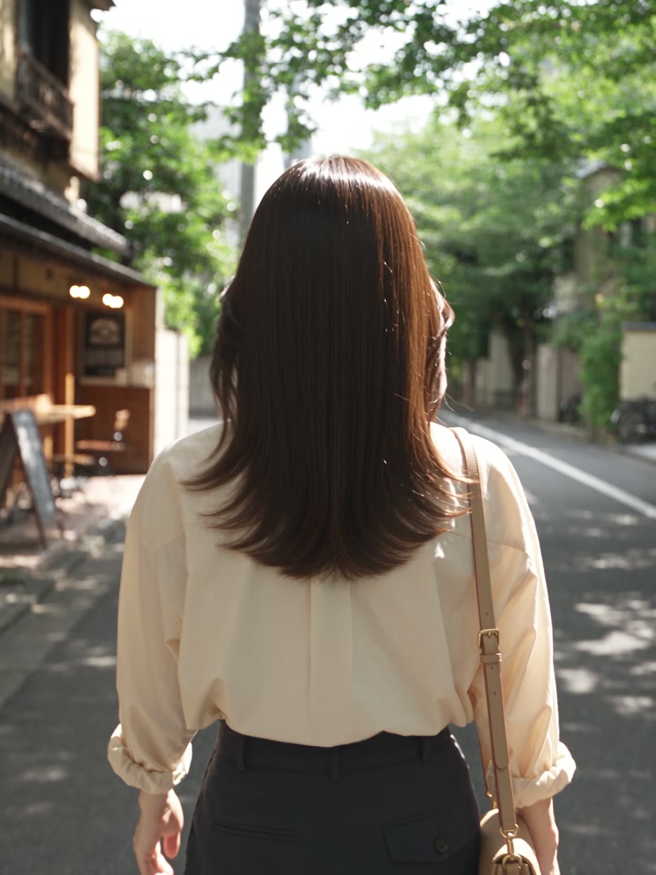 緑のある街を歩く女性の後ろ姿と、揺れる髪。